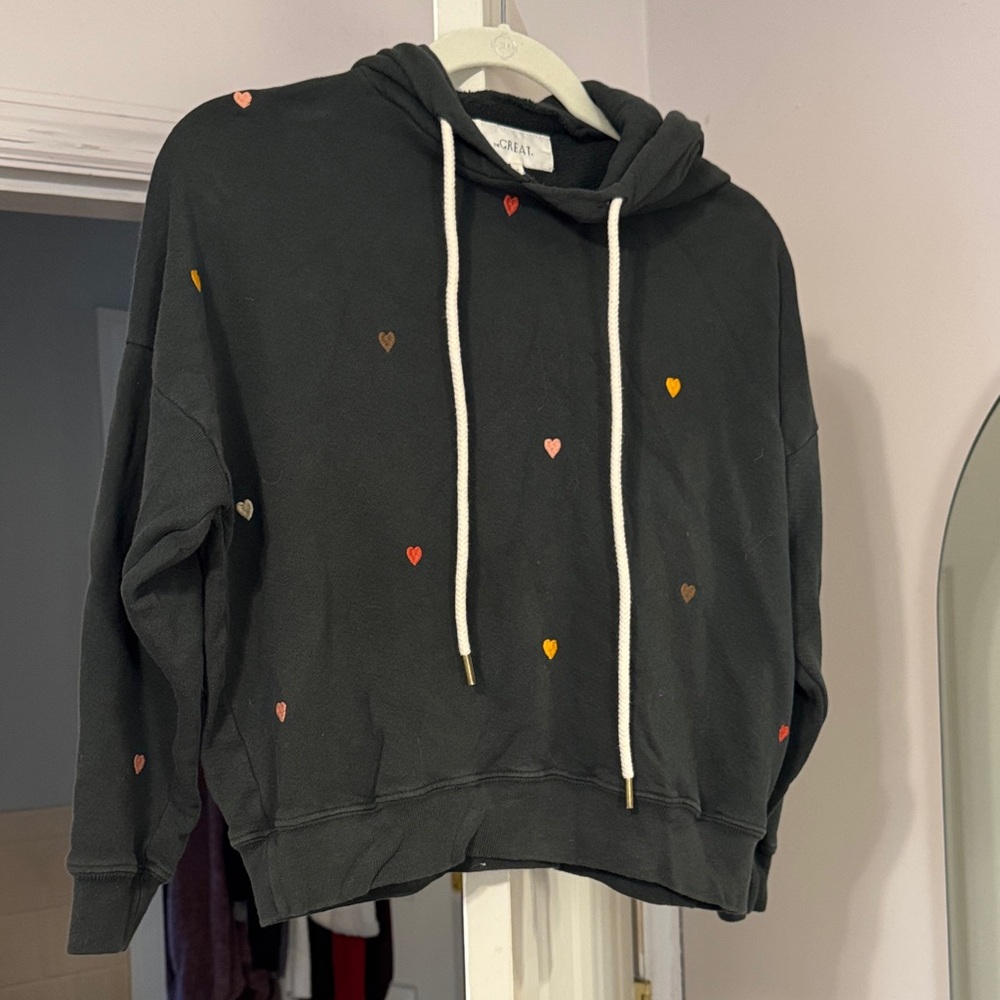 THE GREAT. Black Hoodie with Multicolor Heart Accents